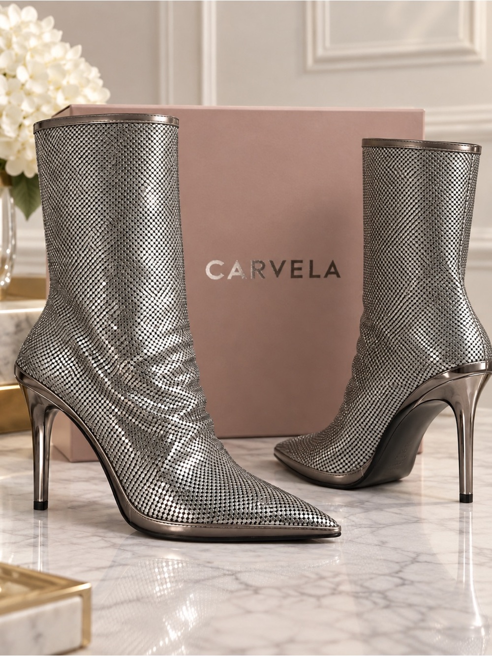 NWT Carvela by Kurt Geiger Armour Silver Chainmail Stiletto Boots Western Disco